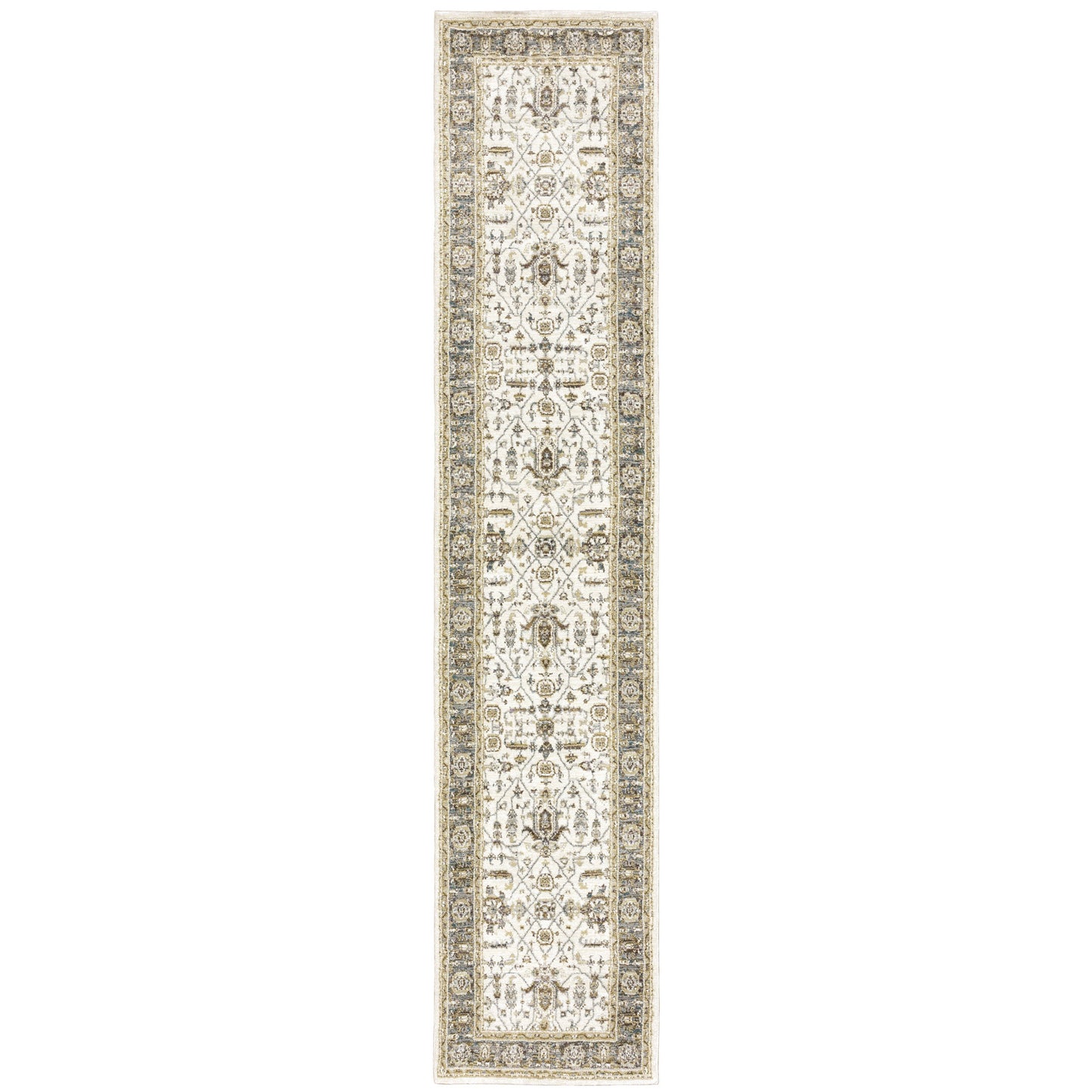 12' Runner Ivory Grey and Blue Oriental Power Loom Runner Rug