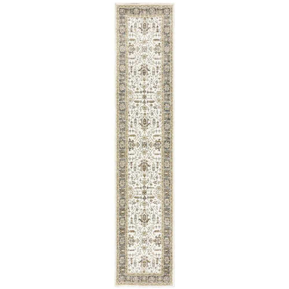 12' Ivory Gray And Blue Oriental Runner Rug