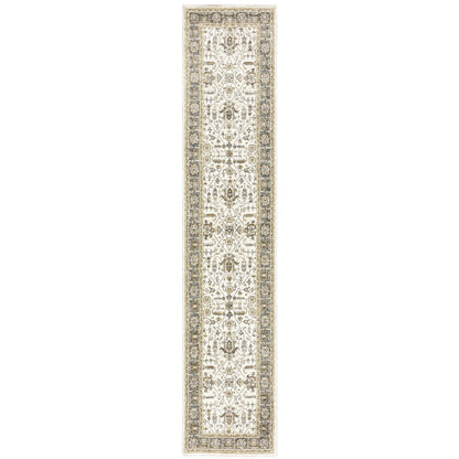 12' Ivory Gray And Blue Oriental Runner Rug