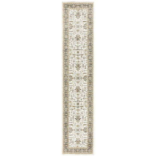 12' Ivory Gray And Blue Oriental Runner Rug