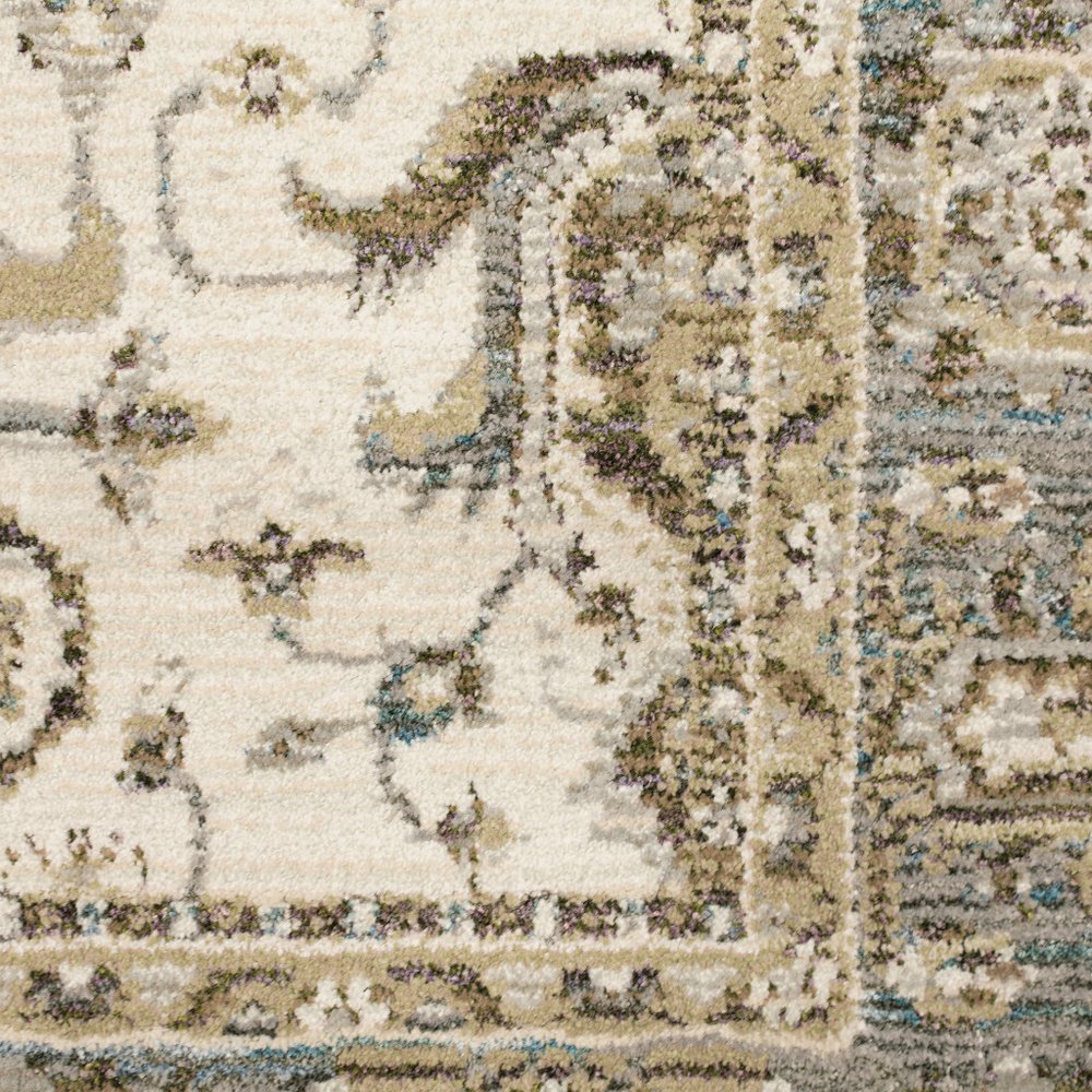 12' Ivory Gray And Blue Oriental Runner Rug