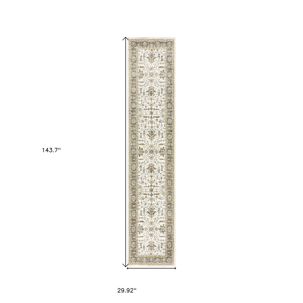 12' Ivory Gray And Blue Oriental Runner Rug