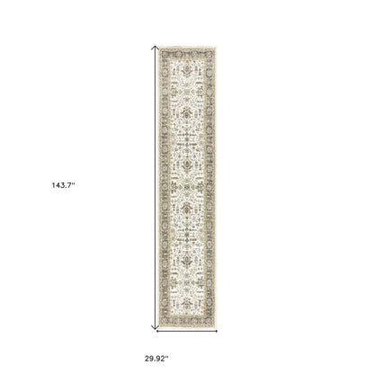 12' Ivory Gray And Blue Oriental Runner Rug