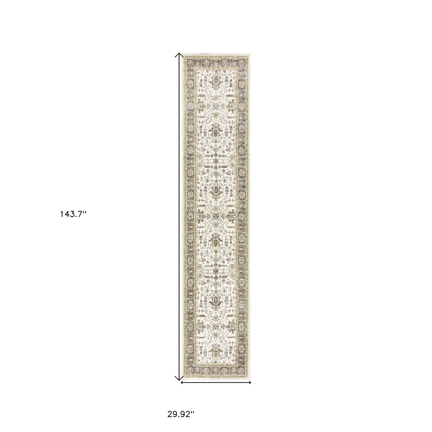 12' Runner Ivory Grey and Blue Oriental Power Loom Runner Rug