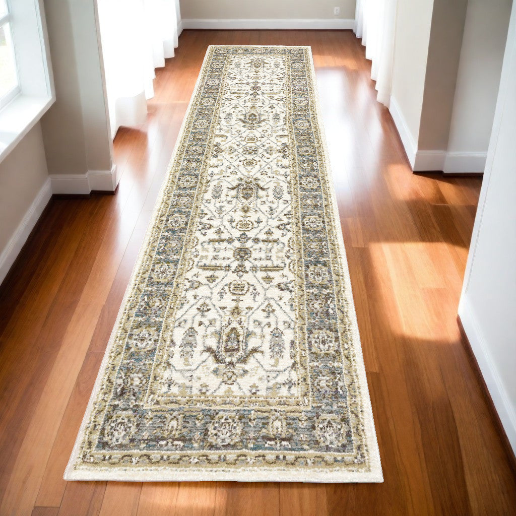 12' Runner Ivory Grey and Blue Oriental Power Loom Runner Rug