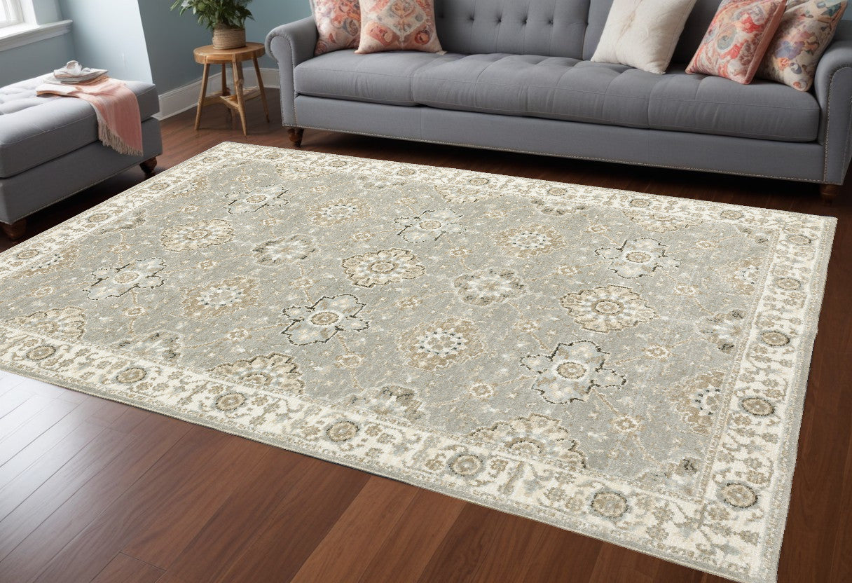 10' X 13' Gray and Ivory Oriental Power Loom Area Rug