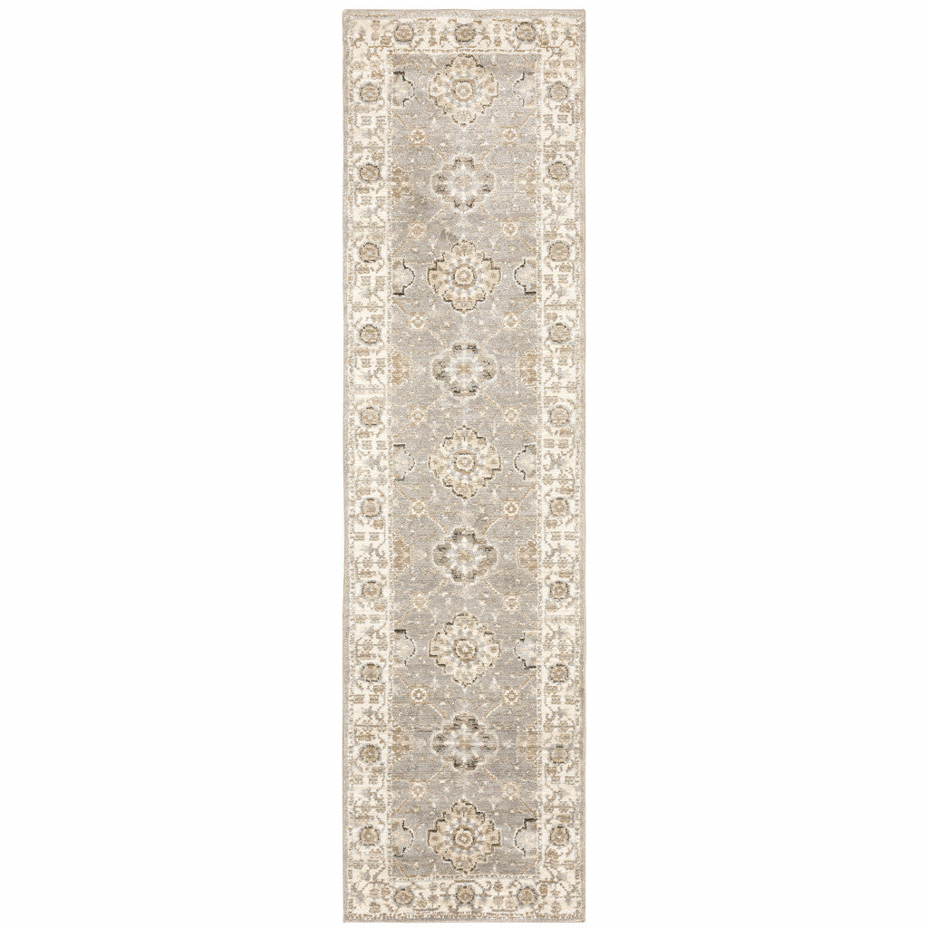 8' Runner Gray and Ivory Oriental Power Loom Runner Rug