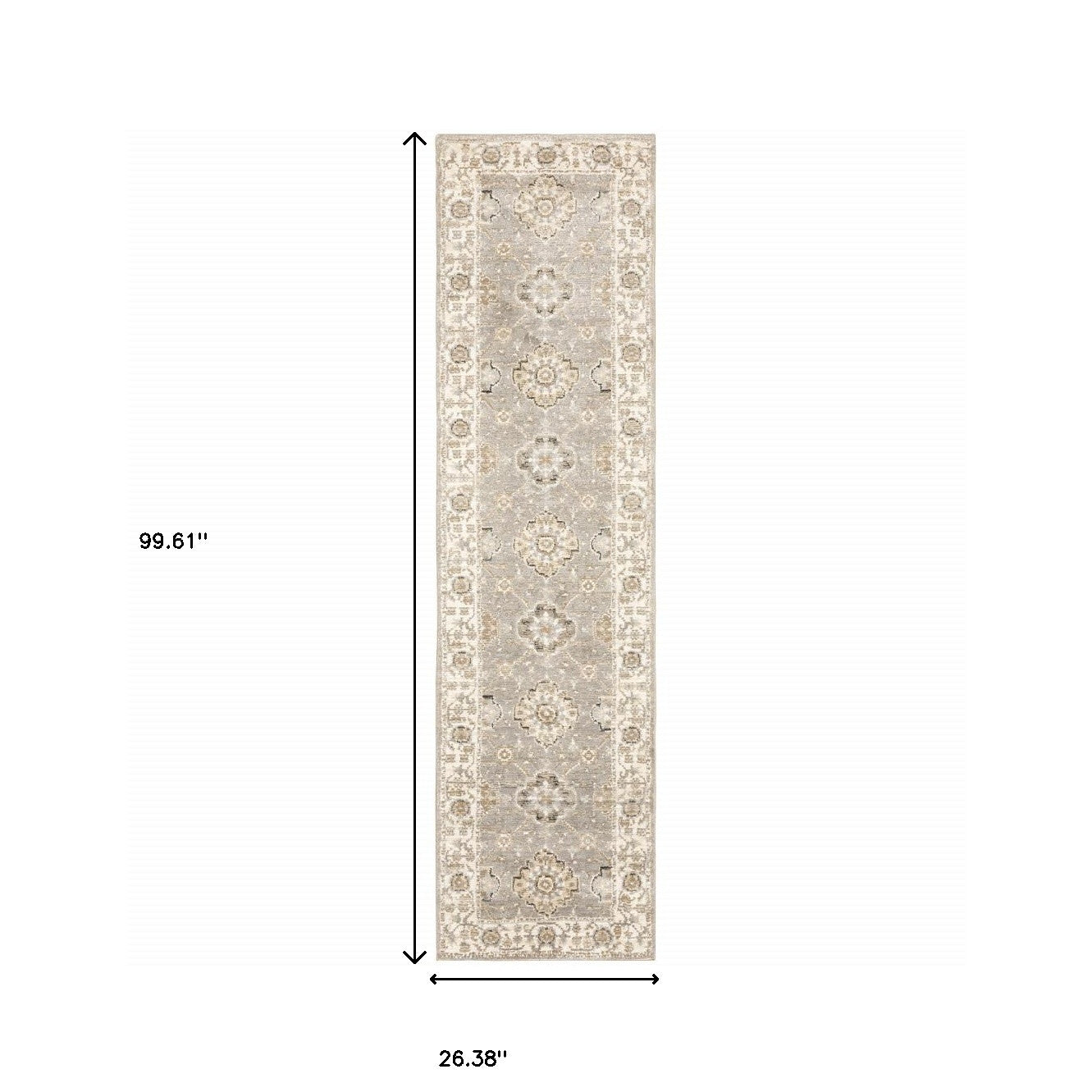 8' Runner Gray and Ivory Oriental Power Loom Runner Rug