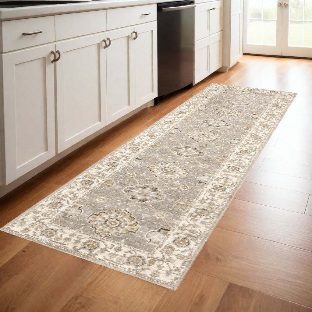 8' Runner Gray and Ivory Oriental Power Loom Runner Rug