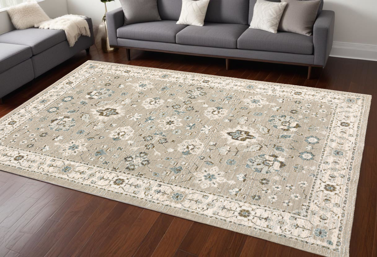 10' X 13' Beige and Ivory Oriental Power Loom Area Rug