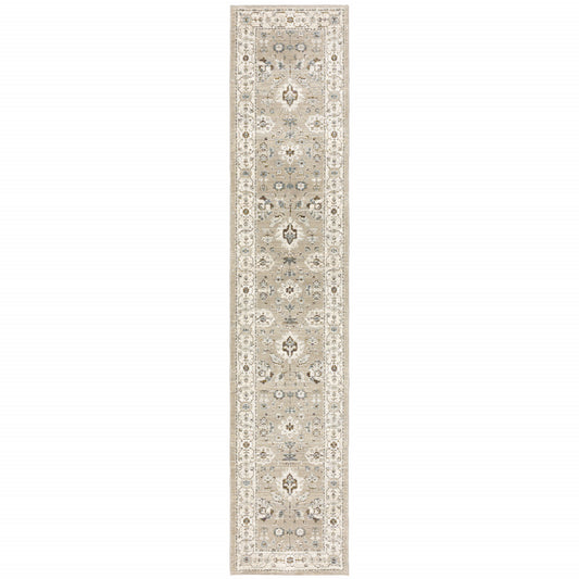 12' Runner Beige and Ivory Oriental Power Loom Runner Rug