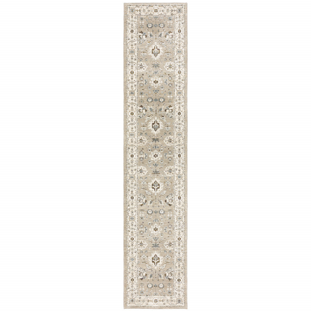 12' Runner Beige and Ivory Oriental Power Loom Runner Rug