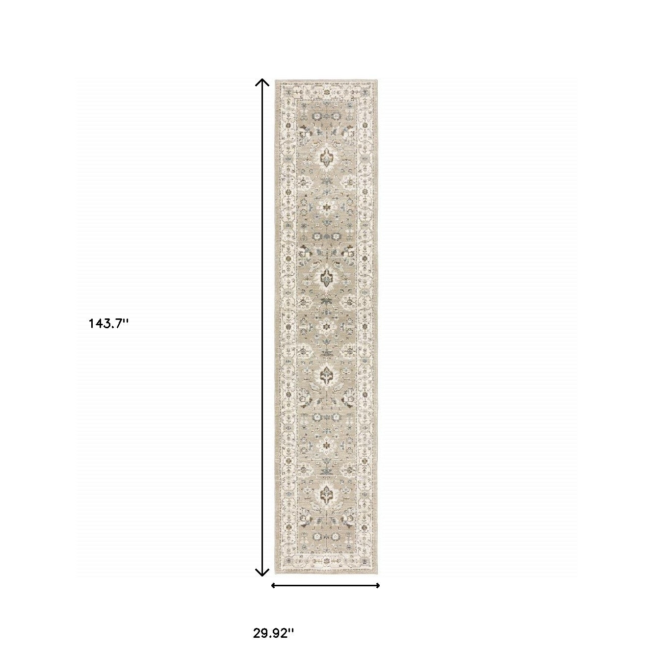 12' Runner Beige and Ivory Oriental Power Loom Runner Rug