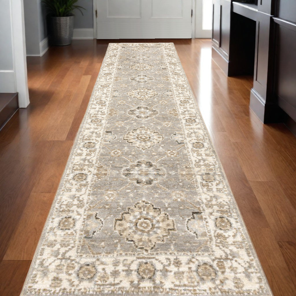 12' Runner Beige and Ivory Oriental Power Loom Runner Rug