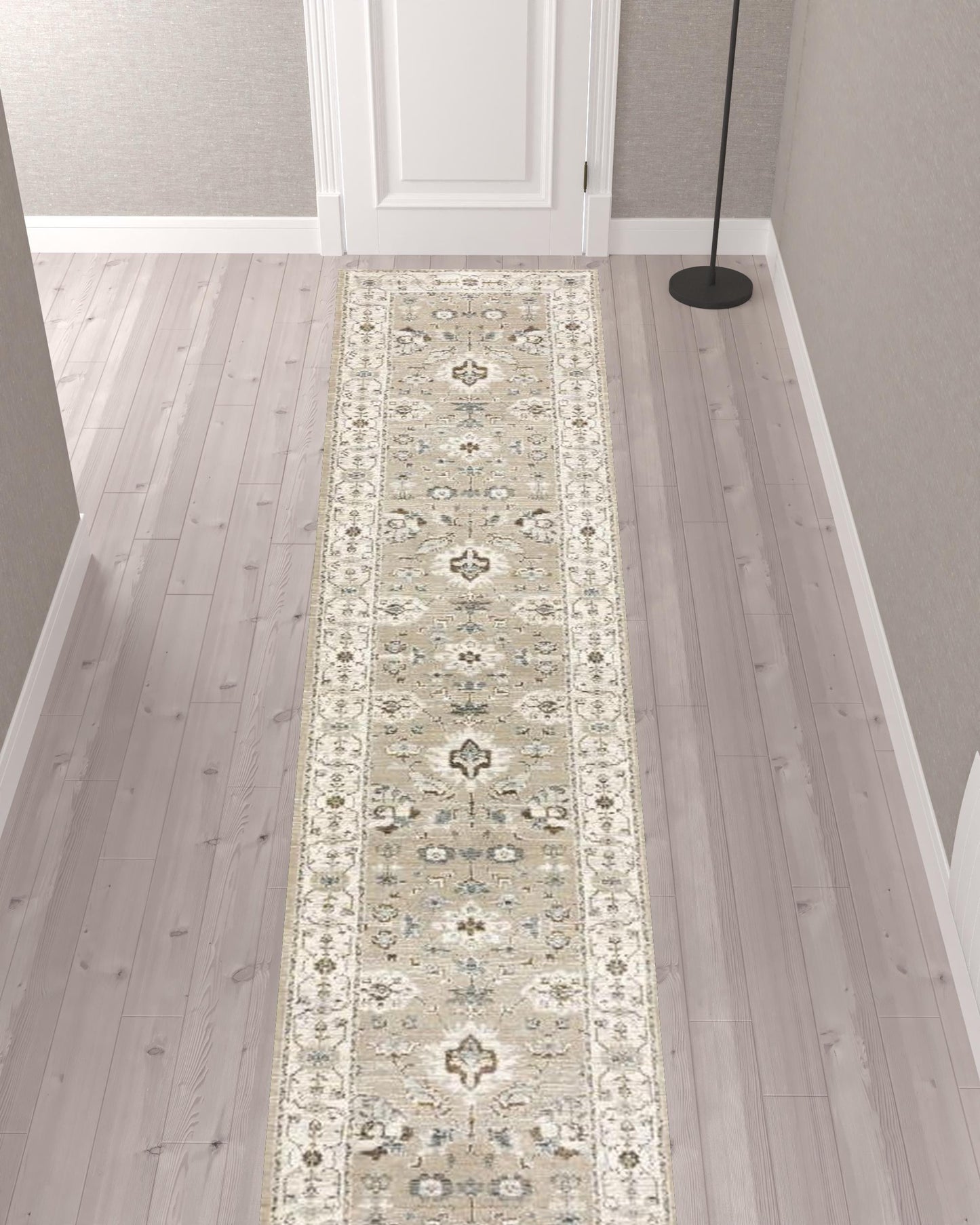 12' Runner Beige and Ivory Oriental Power Loom Runner Rug