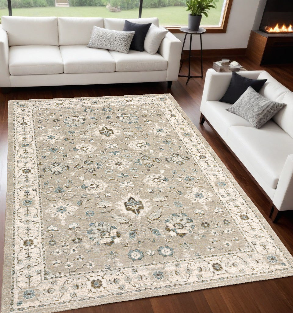 5' X 7' Beige and Ivory Oriental Power Loom Area Rug