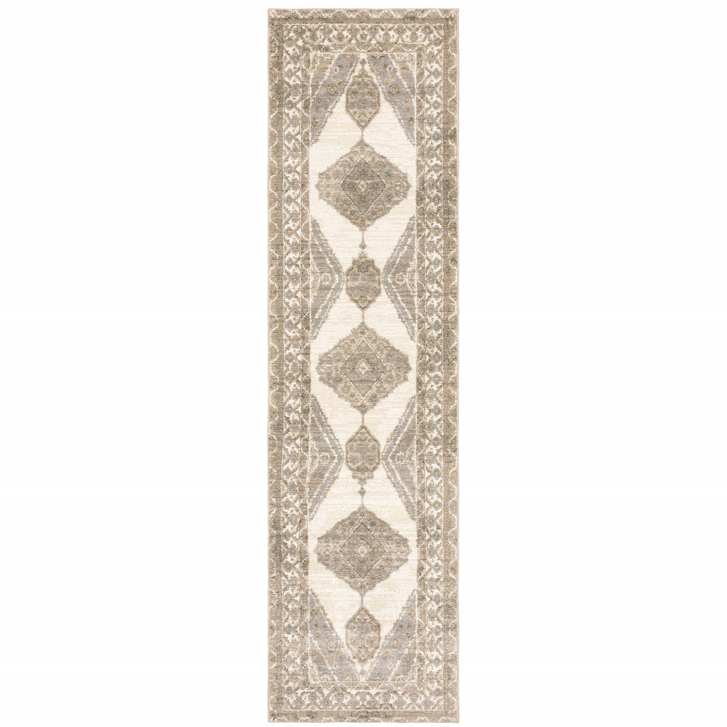 8' Runner Beige and Ivory Oriental Power Loom Runner Rug