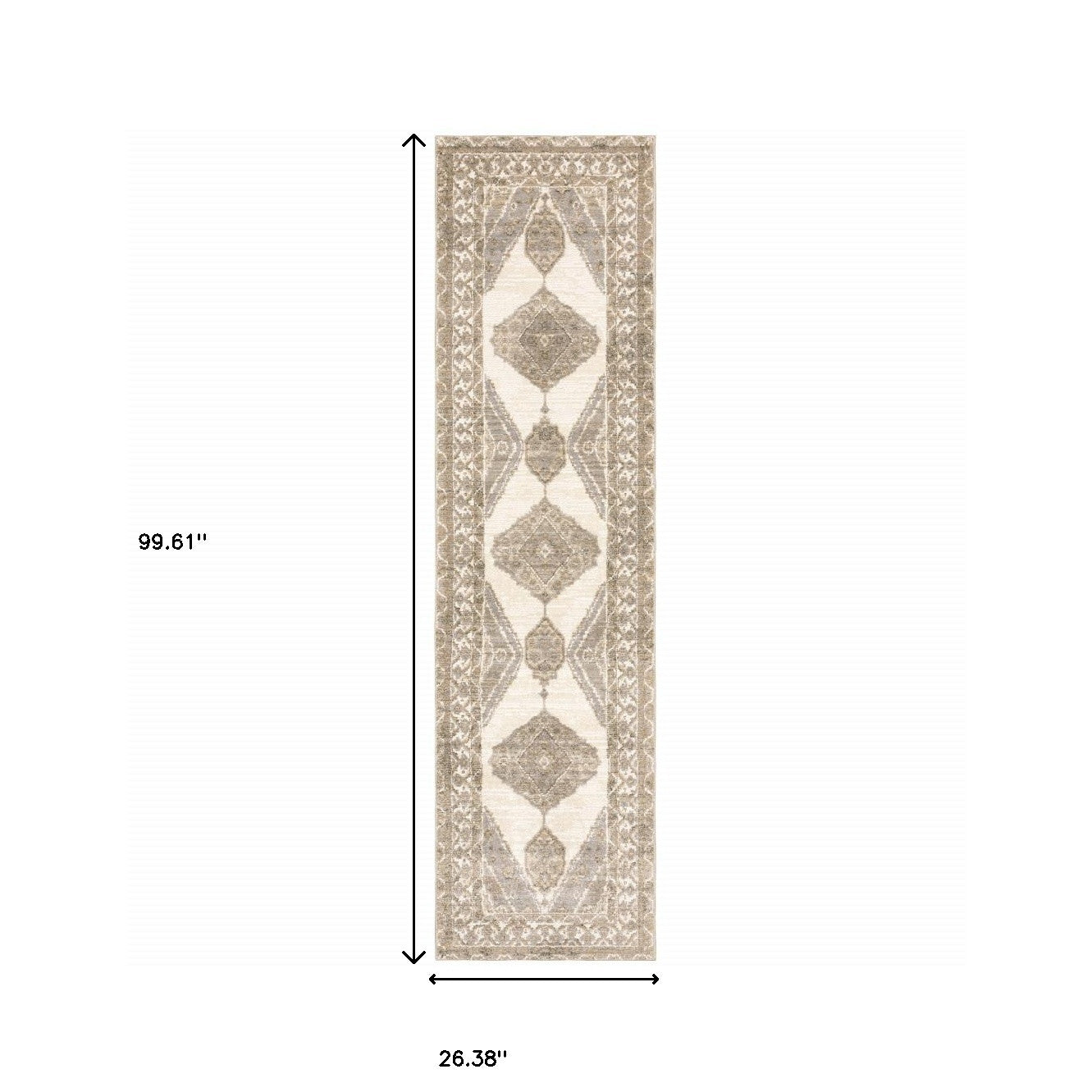 8' Runner Beige and Ivory Oriental Power Loom Runner Rug