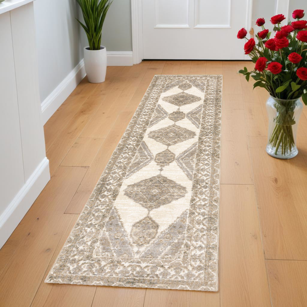 8' Runner Beige and Ivory Oriental Power Loom Runner Rug