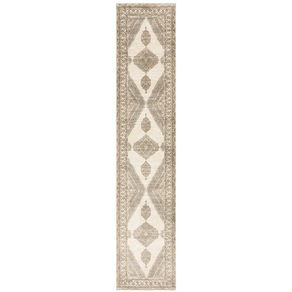 Beige and ivory Oriental runner rug with taupe geometric diamond medallions and decorative border.