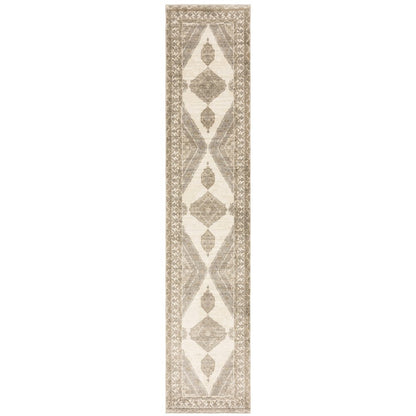 Beige and ivory Oriental runner rug with taupe geometric diamond medallions and decorative border.