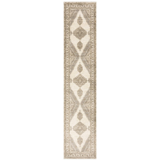 Beige and ivory Oriental runner rug with taupe geometric diamond medallions and decorative border.