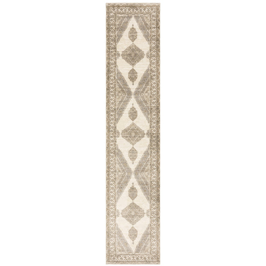 12' Runner Beige and Ivory Oriental Power Loom Runner Rug