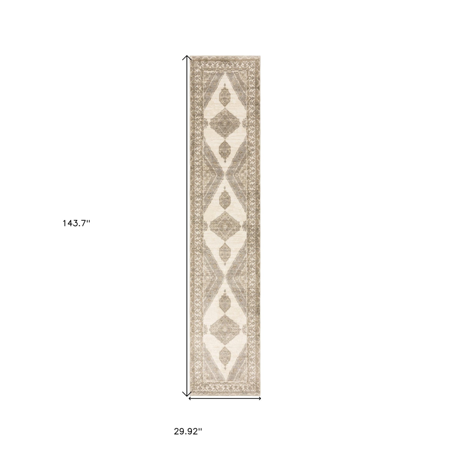 12' Runner Beige and Ivory Oriental Power Loom Runner Rug