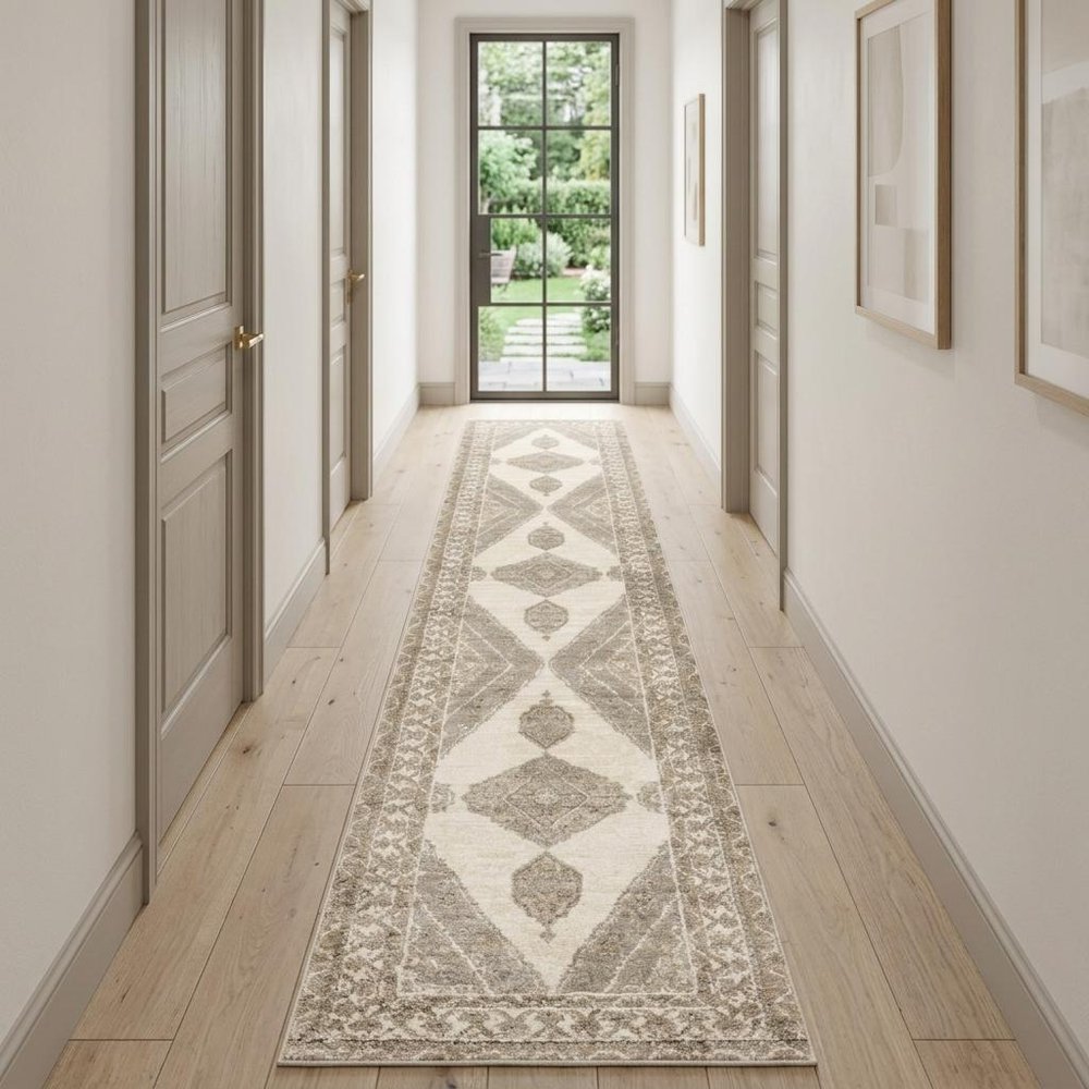 12' Beige And Ivory Oriental Runner Rug