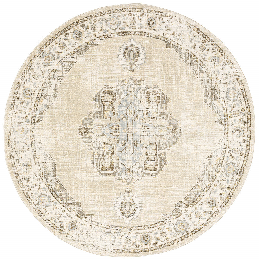 8' Beige and Ivory Round Oriental Power Loom Area Rug