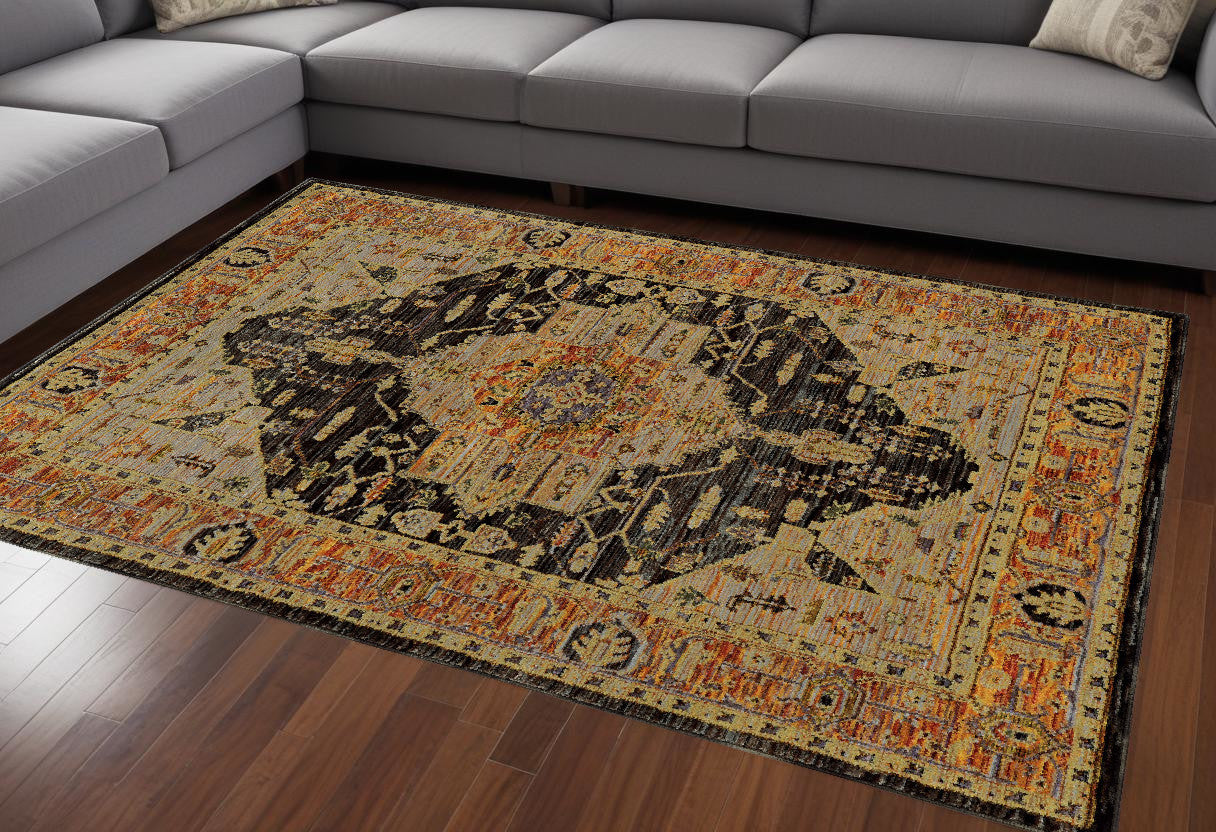 10' X 13' Black and Gold Oriental Power Loom Area Rug