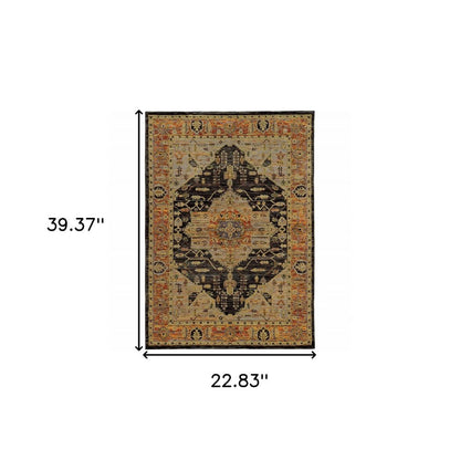 2' X 3' Gold And Gray Oriental Area Rug