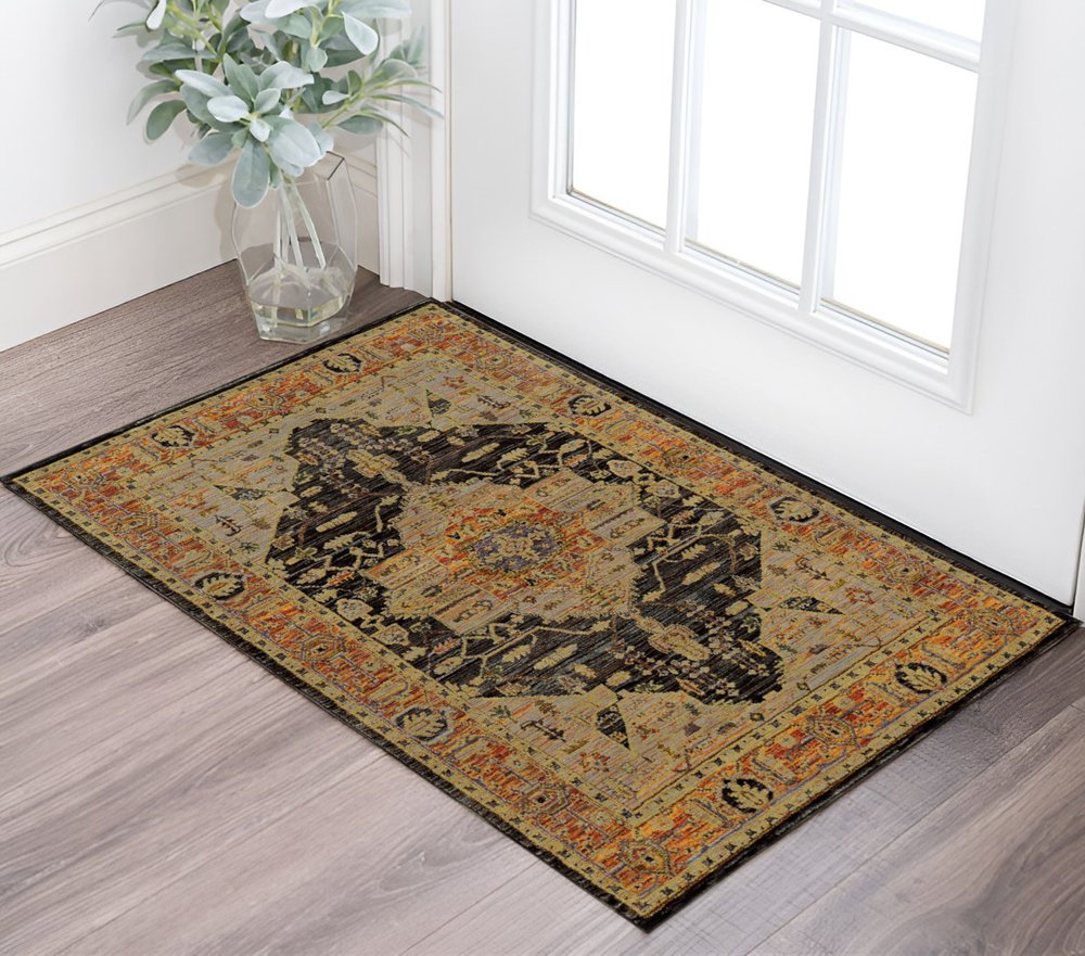 2' X 3' Gold And Gray Oriental Area Rug