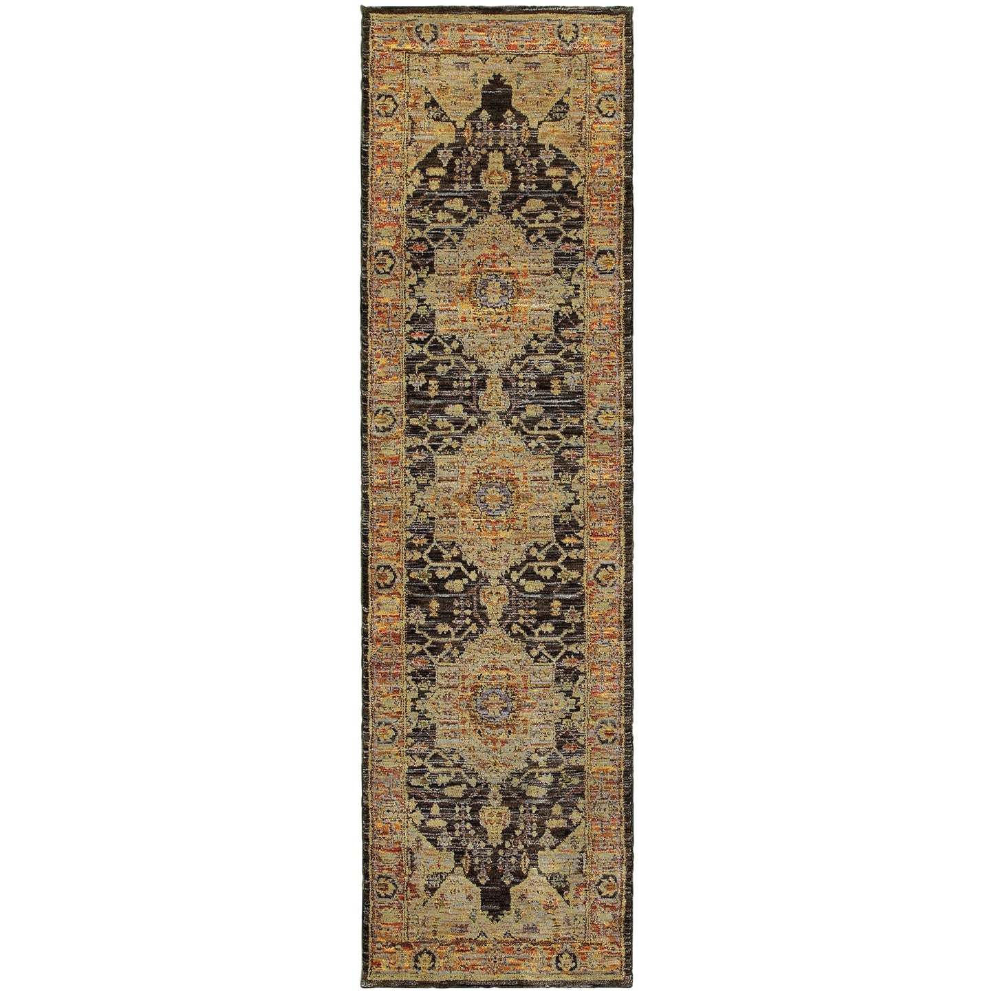 8' Runner Black and Gold Oriental Power Loom Runner Rug