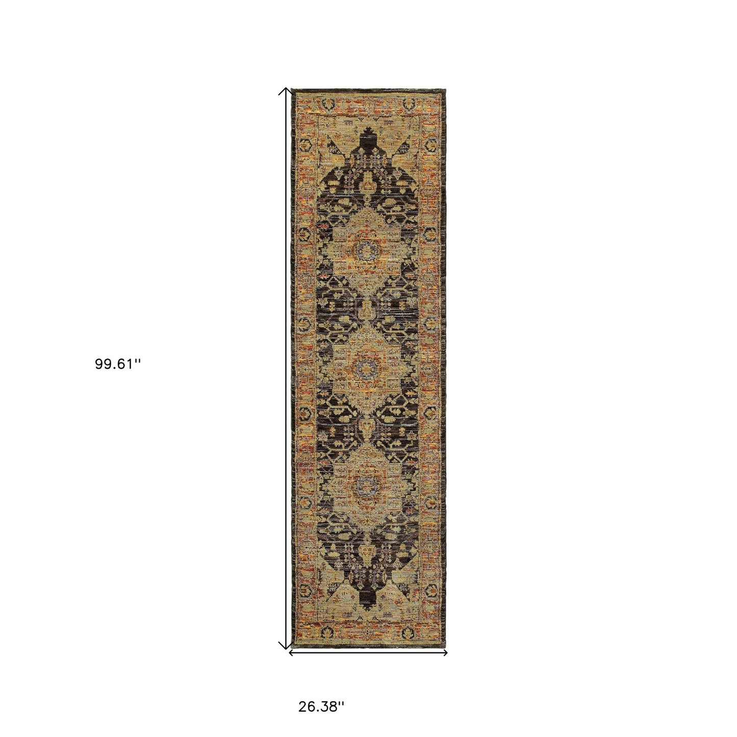 8' Runner Black and Gold Oriental Power Loom Runner Rug