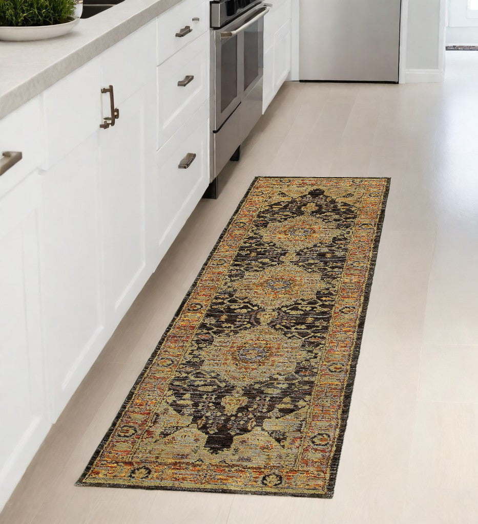 8' Runner Black and Gold Oriental Power Loom Runner Rug