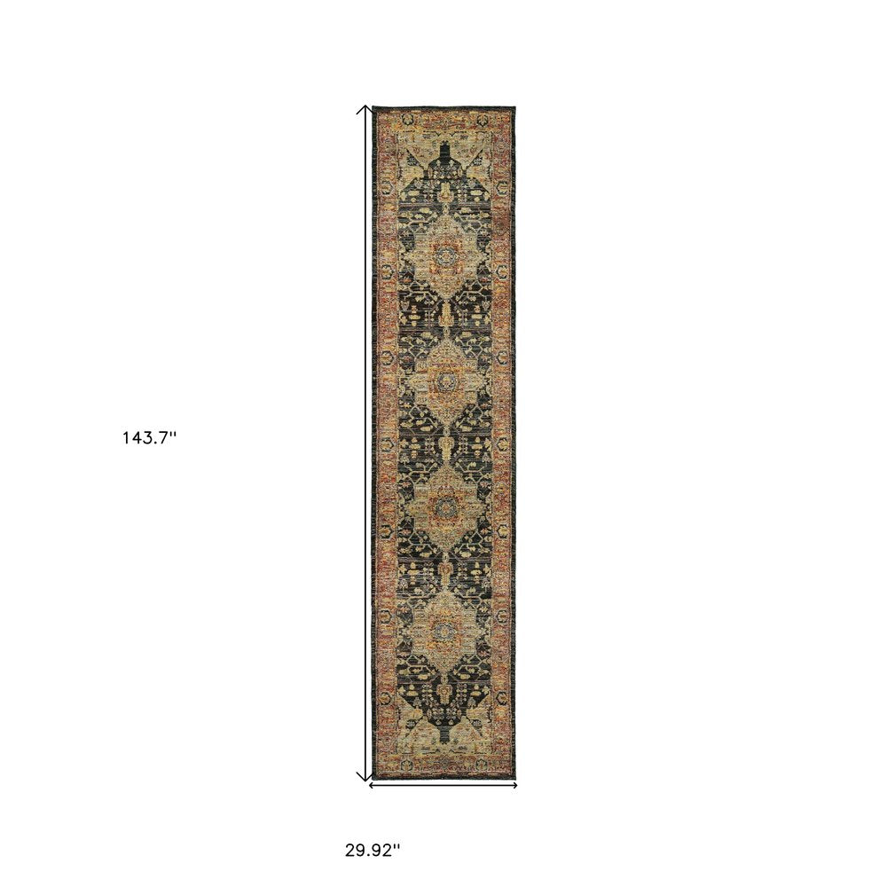 12' Gold And Gray Oriental Runner Rug