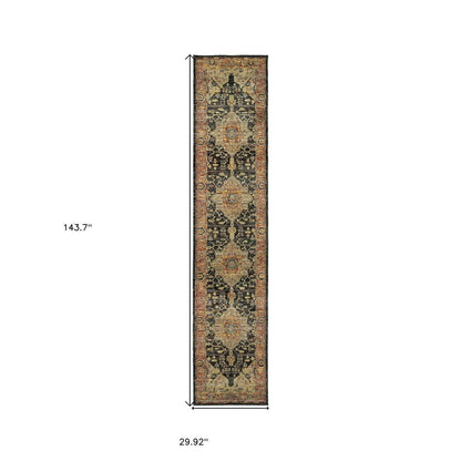 12' Gold And Gray Oriental Runner Rug