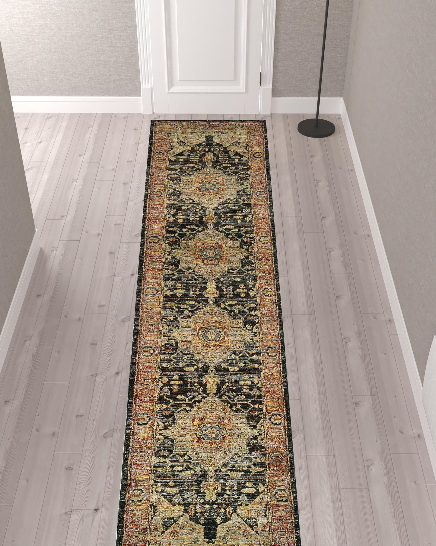 12' Runner Gold and Black Oriental Power Loom Runner Rug