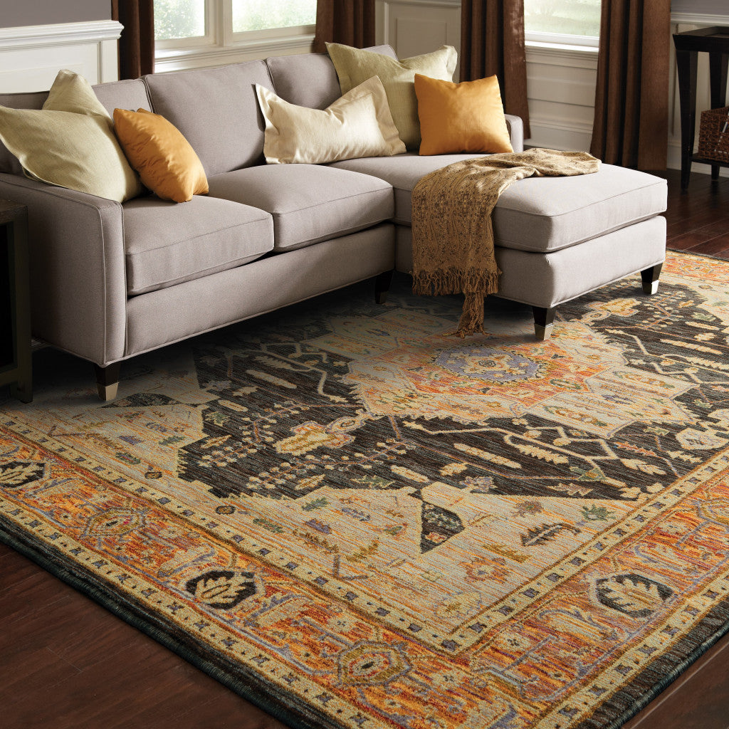 3' X 5' Black and Gold Oriental Power Loom Area Rug
