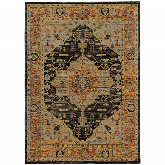 5' x 7' Black and Gold Oriental Power Loom Area Rug