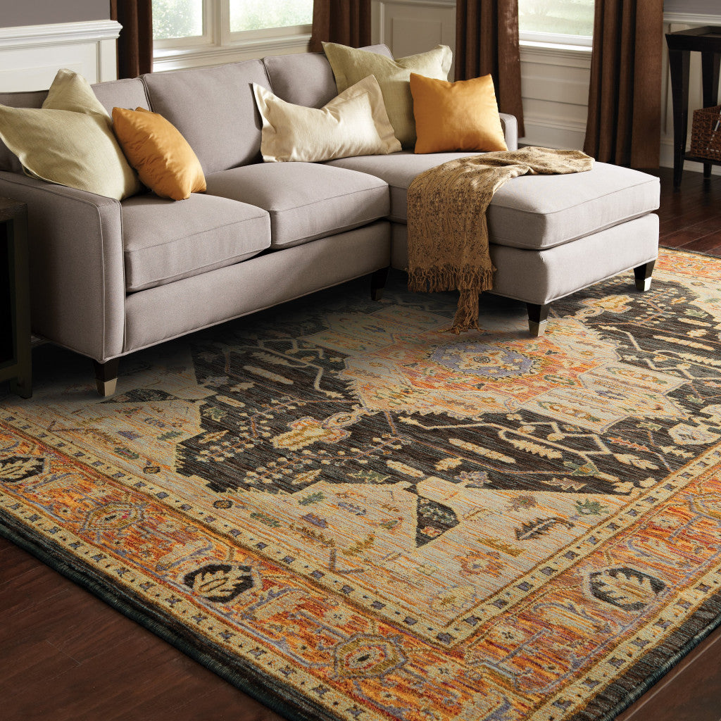 7' X 10' Black and Gold Oriental Power Loom Area Rug