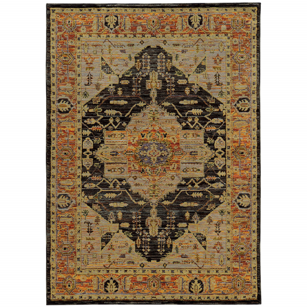 9' x 12' Black and Gold Oriental Power Loom Area Rug