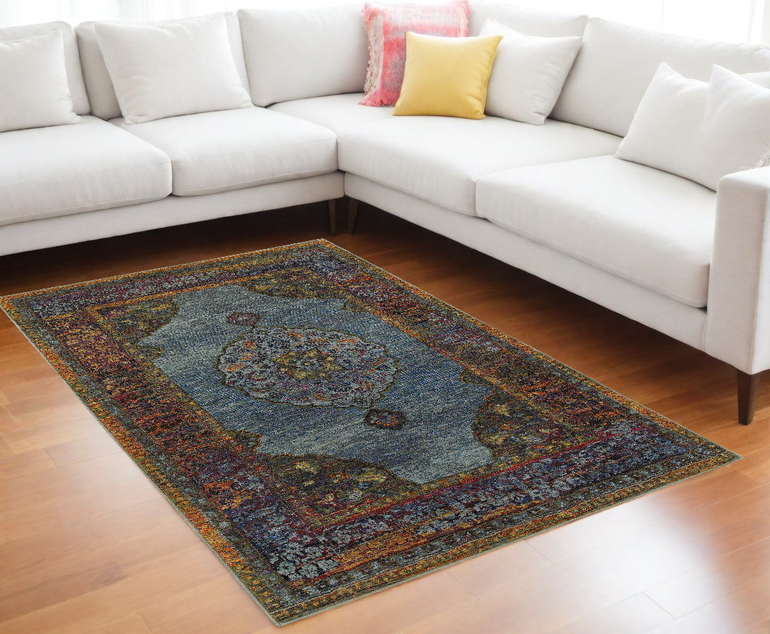 10' X 13' Blue and Beige Oriental Power Loom Area Rug