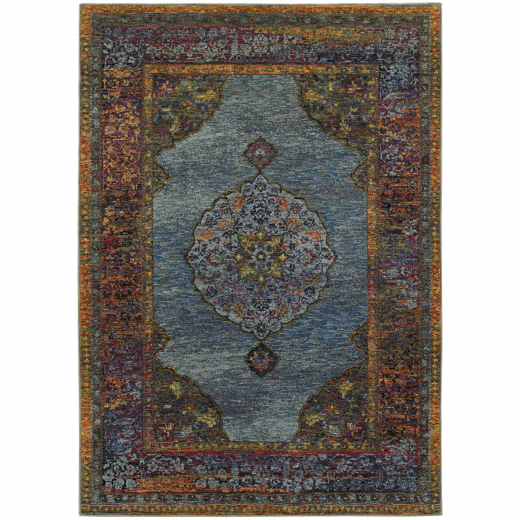 2' X 3' Blue and Beige Oriental Power Loom Area Rug