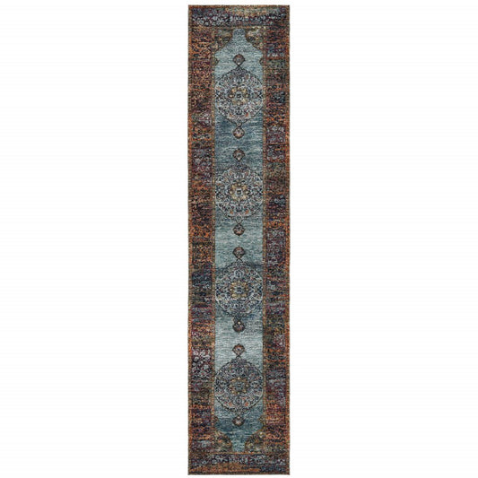 12' Blue And Red Oriental Runner Rug