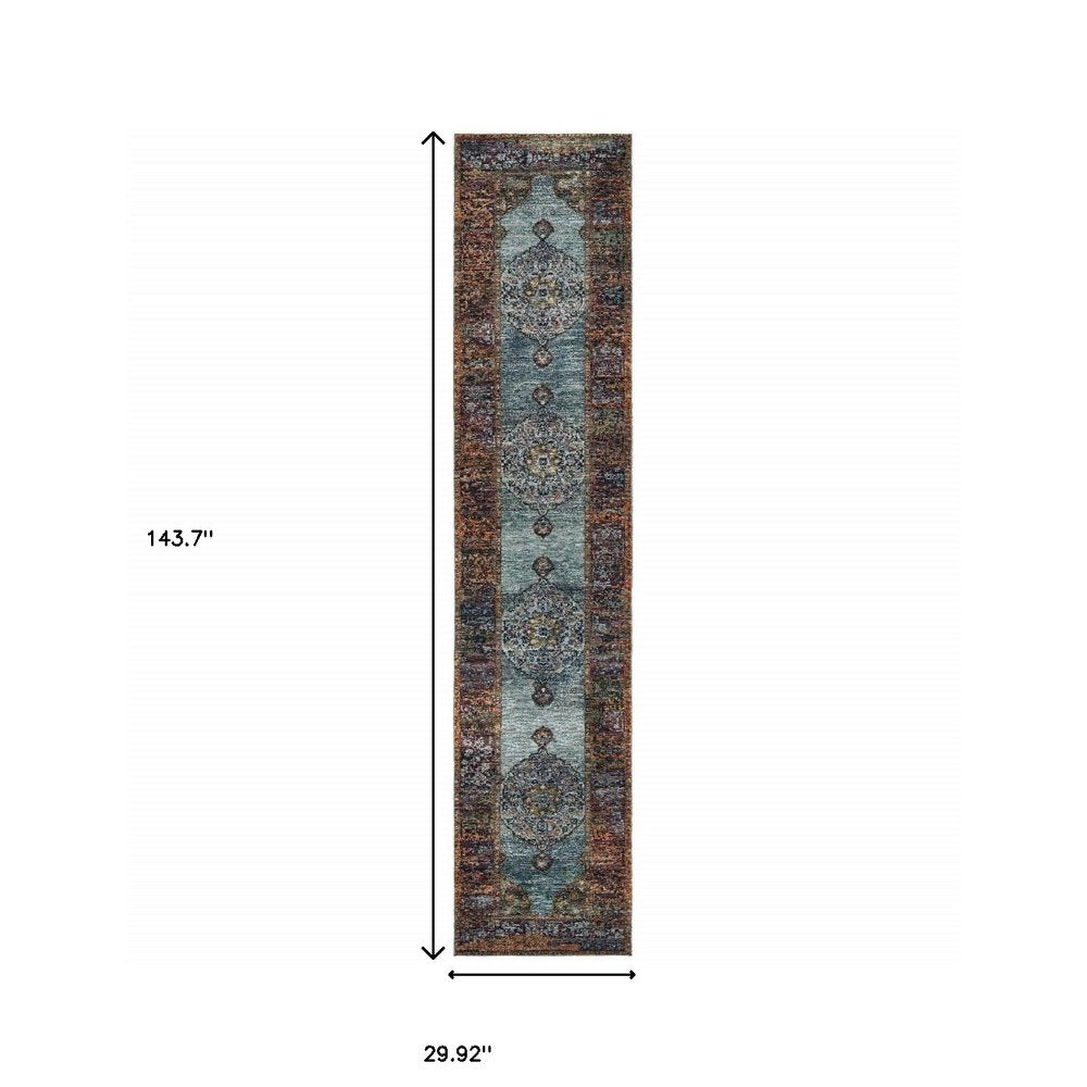 12' Blue And Red Oriental Runner Rug