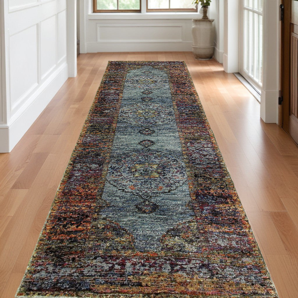 12' Runner Blue and Red Oriental Power Loom Runner Rug