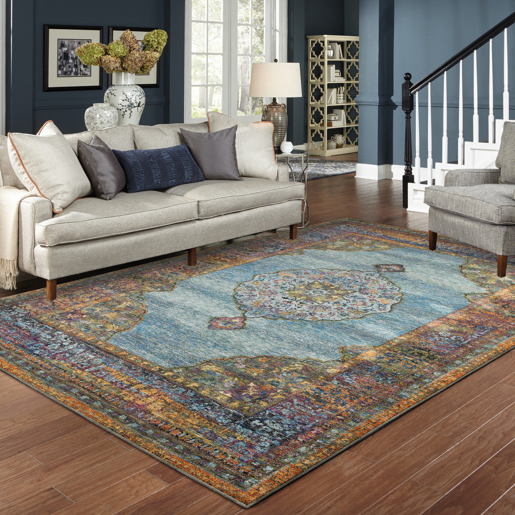 3' X 5' Blue and Beige Oriental Power Loom Area Rug