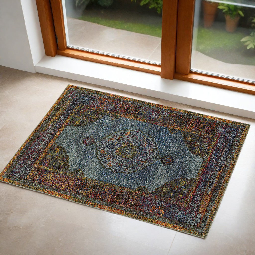 3' X 5' Blue and Beige Oriental Power Loom Area Rug